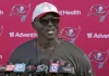 ampa Bay Buccaneers head coach Todd Bowles speaks to the media after practice at NFL football minicamp Thursday, June 12, 2025, in Tampa, Fla. (AP Photo/Chris O’Meara)